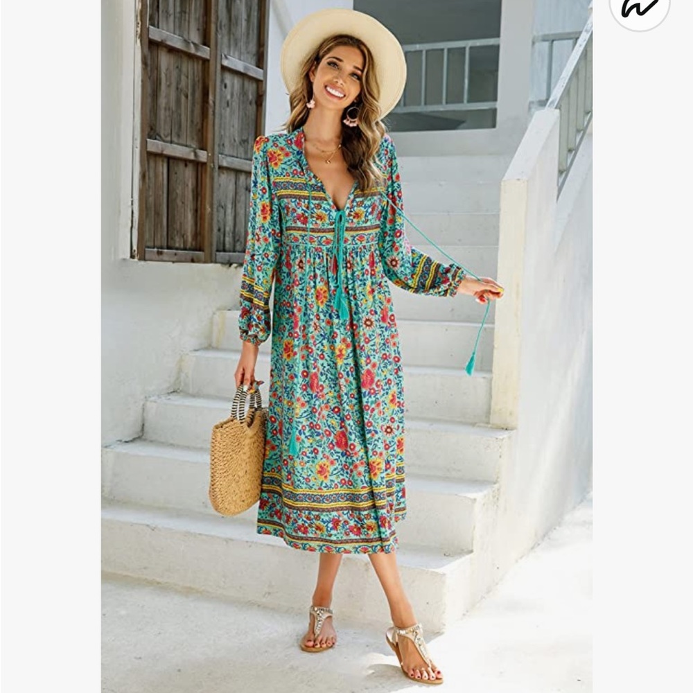 R.Vivimos Long Sleeve Floral Print Retro V Neck Tassel Bohemian Midi Dress